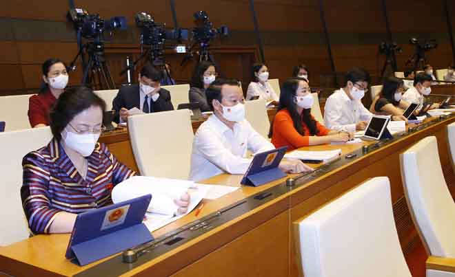 Đoàn đại biểu Quốc hội khóa XV tỉnh Yên Bái trong phiên họp sáng ngày 21/7. (Ảnh: Minh Đông -TTXVN)